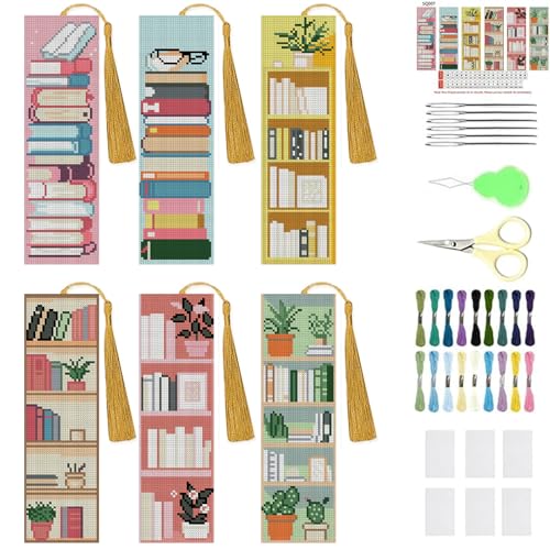 KYOQFVN 6 Pcs Bookshelves Cross Stitch Bookmark Kit for Beginner - Stamped Cross Stitch Kits for Adults - DIY Crossstitch Kits Adult with Instructions Hand Craft 14CT - color: SQSZX-003