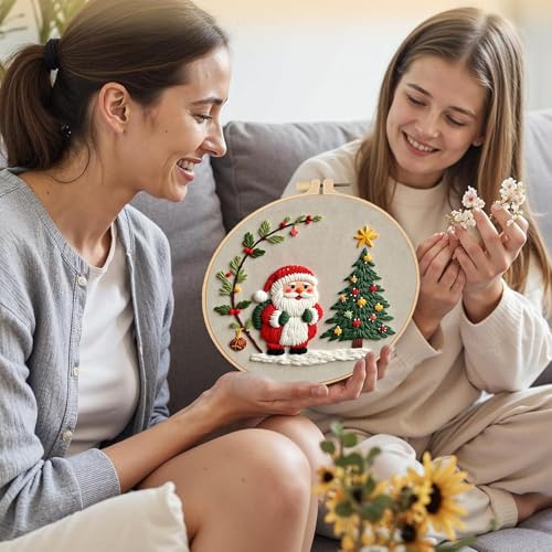 LB Red Christmas Embroidery Kit for Beginners Adults, 3 Sets Hand Embroidery Starter Kit with Santa Pattern and Instructions Stamped Cross Stitch Kits Include Embroidery Hoop Needles Threads Scissors - color: Green Gold
