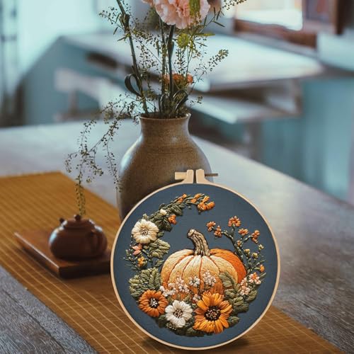 FONNUY Pumpkin Embroidery Kit for Beginners, Pre-Stamped Pattern Kits for Adults with Hoop, Easy to Follow Color Thread Needlework, 8'' Hoop (Yellow) - color: Yellow