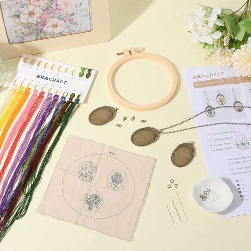 SUNNYCLUE DIY 3 Sets Embroidery Necklace Kits Embroidery Pendant with Paper Instructions Embroidery Cloth Thread Needle Cross Stitch Hoop Flower Mini Cross Stitch Kit for Beginners Starter Adult Craft - style: Flower 3
