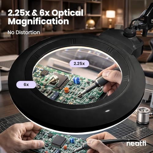 Neatfi XL LED Magnifying Lamp, Hands-Free, Dimmable, Crafts, Reading, Close Work (Black, Non-CCT with Base) - color: Black, size: 7-inch Lens, Non-CCT with Base