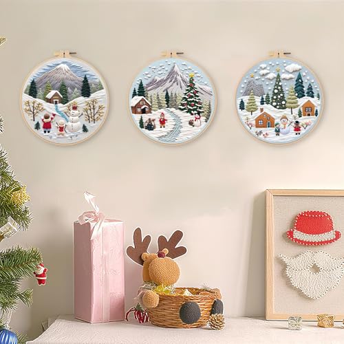 LB Christmas Embroidery Kit for Beginners Adults, 3 Sets Hand Embroidery Starter Kit with Mountain Pattern and Instructions Stamped Cross Stitch Kits Include Embroidery Hoop Needles Threads Scissors - color: Blue White