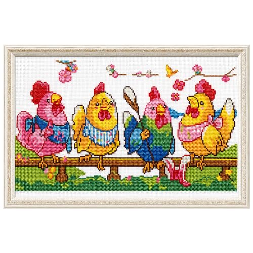 Zhenqing Knitting Chickens Stamped Cross Stitch Kit, 11CT Printed Pattern on White Cotton Fabric, Farmhouse Chicken Decor - color: Funny Knitting Chickens