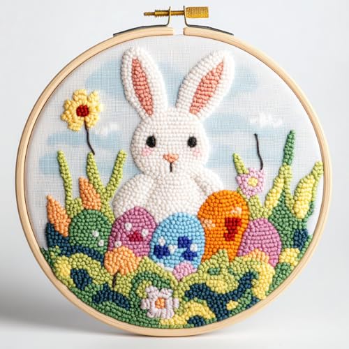 DIY Punch Needle Kits Happy Easter Rabbit and Eggs with Hoop 20x20cm-3 - color: 09-White Rabbit