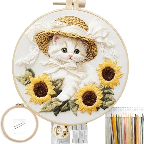 FONNUY White Kitten Embroidery Kit, Sunflowers Cat Lace Hat Cross Stitch Kits for Beginners, Handmade Crafts with Printed Patterns for Adults, Color Thread Needlework, 8'' Hoop (Cat 01) - color: Cat 01