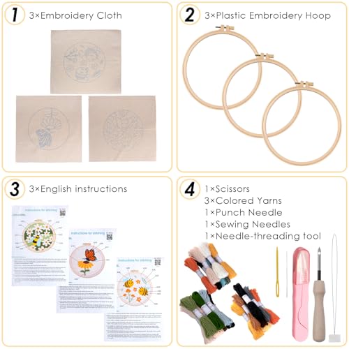 Punch Needle Kit for Adults Beginners - 3 Sets DIY Embroidery Starter Kit - color: 01-bees