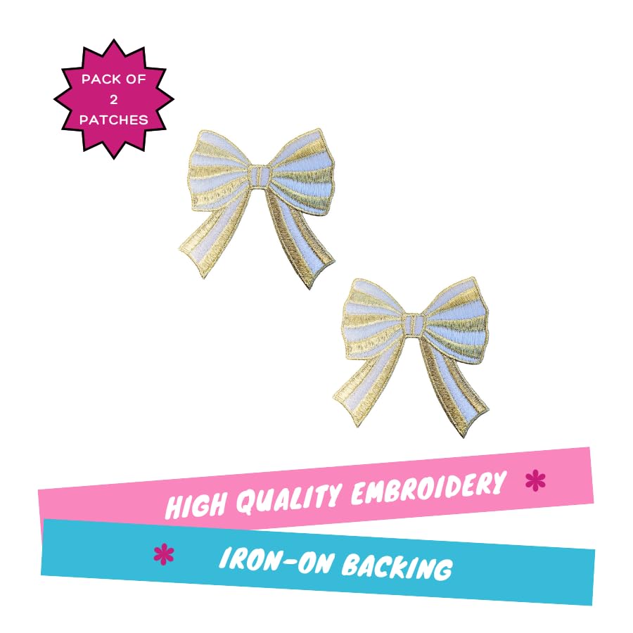 Gold Striped Bow Patch, 2-Pack, 3" x 3", Embroidered Iron-On for Hats, Bags, Jackets - color: Striped Bow - Gold