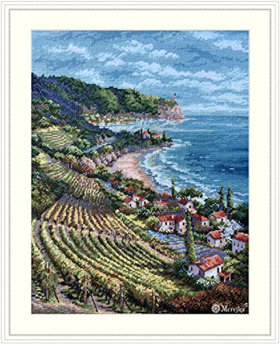 Merejka Counted Cross Stitch Kit for Adults — Coastline View (K-226) — Zweigart 16-Count Ecru Aida, DMC Mouliné Threads, John James Needle — 40 Colors — 33.5x25 cm (13.2x9.8 inches)