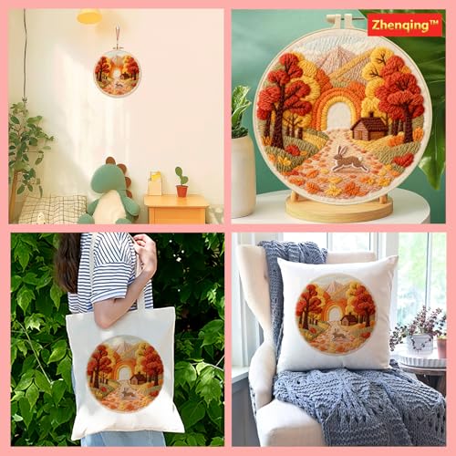 Zhenqing Autumn Forest Rabbit Embroidery Kit for Beginners, Fall Animal Craft Set with 20cm Hoop, Printed Design on 29x29cm Cotton Fabric, DIY Cozy Wall Art (C0162) - color: Autumn Forest Rabbit