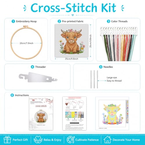 Stamped Cross Stitch Kits for Beginners-Highland Cow,with Embroidery Hoop - color: Cow-2605
