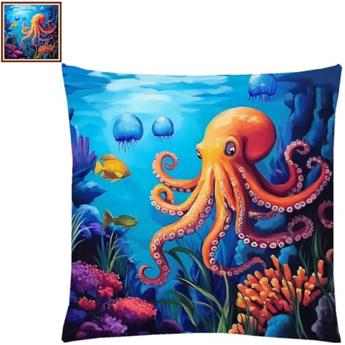 Lovxvouy Pillow Cross Stitch Kits for Adults Beginners-Preprinted Needlepoint Kit Stamped Crossstitching Kits 11CT Cross-Stitch Kit Stitches Kit Embroidery Kits-Underwater World 18x18 inchs - color: ColorCraft05