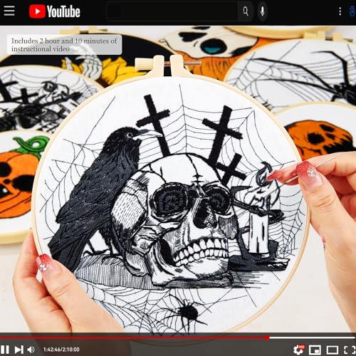 Dark Gothic Embroidery Kits for Beginners Adults, Halloween Hand Embroidery Needlepoint Kits, Skull Spider Stamped Cross Stitch Kits for Beginners Adults, 2 Embroidery Hoops (Attached Video Tutorial) - color: Black and white