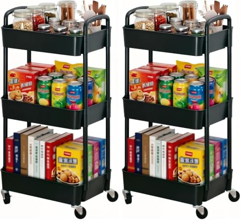 Sywhitta 3-Tier Plastic Rolling Utility Cart with Handle, Multi-Functional Storage Trolley for Office, Living Room, Kitchen, Movable Storage Organizer with Wheels, Black (Pack of 2) - color: Black, size: 3-tier (Pack of 2)