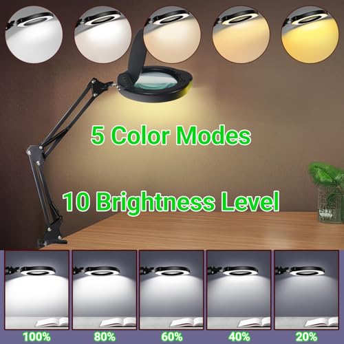 15X Magnifying Glass with Light and Clamp, 5 Color Modes 10 Levels Adjustable Brightness, 2-in-1 Desk Lamp with Clamp, Hands Free Magnifier with Dust Cover for Craft Hobby Reading Repair Close Works