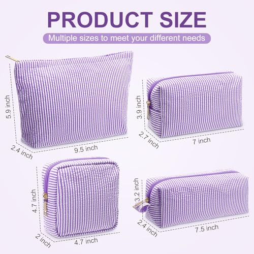 Sanwuta 4 Pcs Seersucker Pouch Striped Makeup Bag Set, Purple - color: Purple