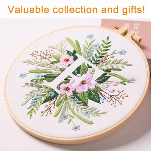 Harimau Letter F Pattern Embroidery Kit for Adult Beginners, Complete Starter Pack with 1 Hoop, Needles, Instruction Guide & Embroidery Stitch Video Tutorials - color: F