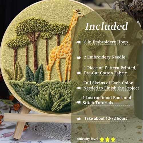 FONNUY Giraffe Pre-Stamped Embroidery Pattern for Beginners, Boho Needlepoint Kits for Beginners Cross Stitch Craft Sewing Full Needles and Thread Hoop Kit (Giraffe 02) - color: Giraffe 02