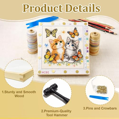 12pcs Needlepoint Stretcher Bars for Needlework with 100 Thumb Tacks Hammer and Tacks Remover 3 Sizes Wooden Canvas Frame, Stitch Set, Needlepoint Frame, The Ideal Gift for Embroidery Enthusiasts - color: 12pcs