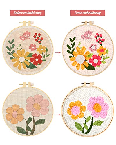 Pllieay 2 Set Punch Needle Embroidery Starter Kits Include Instructions, Punch Needle Fabric with Pattern, Yarns, Embroidery Hoops for Rug-Punch & Pinch Needle - size: 2 Style