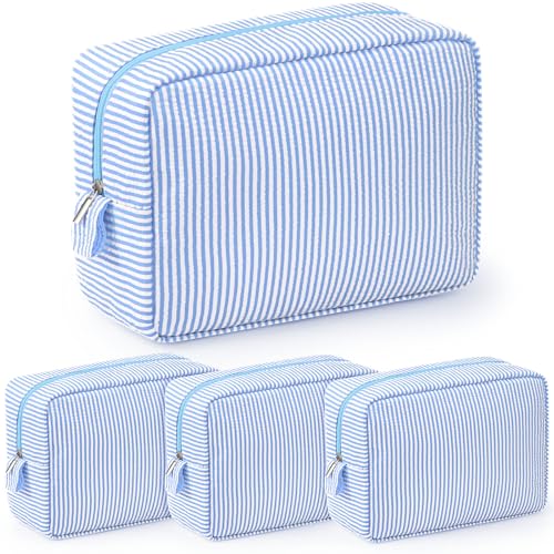 Sanwuta 3 Pcs Seersucker Makeup Bags Seersucker Cosmetic Bags Striped Women Large Travel Toiletry Organizer Preppy Storage Pouch for Embroidery Wedding Bridesmaid Gifts(Light Blue) - color: Light Blue