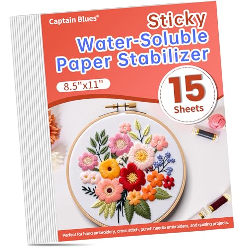 Captain Blues 15PCS 8.5"x11" Sticky Water Soluble Stabilizer for Embroidery - Medium Weight Wash Away Embroidery Stabilizer, Printable & Draw-Ready Patterns for Hand & Machine Embroidery - size: 15-Pcs(8.5''x11'')