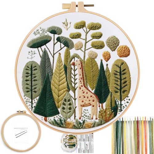 FONNUY Giraffe Pre-Stamped Embroidery Pattern for Beginners, Boho Needlepoint Kits for Beginners Cross Stitch Craft Sewing Full Needles and Thread Hoop Kit (Giraffe 01) - color: Giraffe 01