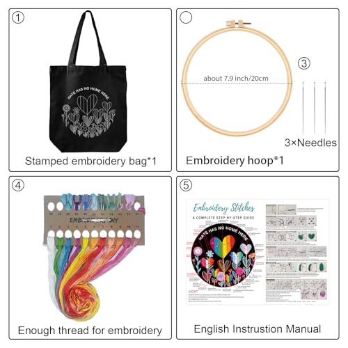 Louise Maelys Embroidery Kit, Rainbow Heart Canvas Tote Bag DIY Craft Set - color: love flower