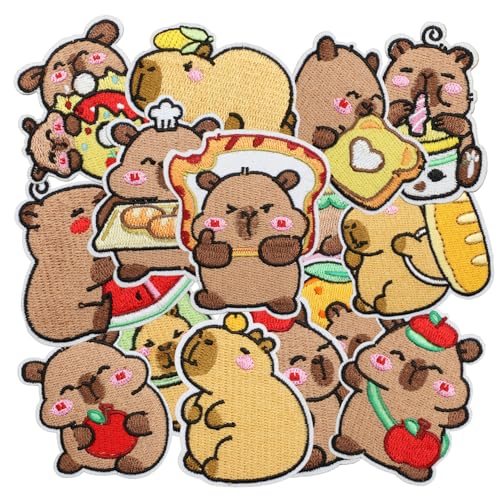 16pcs Capybara Iron/Sew on Patches, Cute Food Animal Embroidered Applique, Fashion Decoration for Clothes, Hat, Bag, Dress, Shirt, Jeans - color: 16pcs Capybara