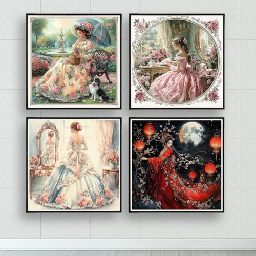 JOZYSH Cross Stitch Stamped Kits for Adults 4 Pack Elegant Ladie Pattern 11CT Printed Cross Stitch Kits for Beginner Prestamped Easy Needlepoint Kits Crafts for Decor 16x16 inch