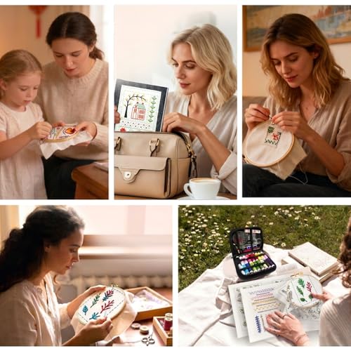 IF FEEL Embroidery Stitch Book Kit for Beginners, Hand Embroidery Practice Book with 106 Washable Fabric Patterns, Complete Starter Set with Threads, Needles, Hoop & Tools for Adults DIY Craft Gift