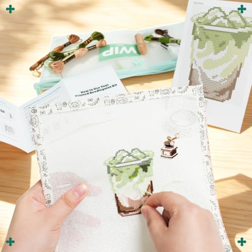 Kaitiaki 18 mesh Needlepoint Canvas Kit, 8 in Painted Canvas Set with Embroidery Floss, Needles, Guide Card, Instruction, Threader, Scissors & Project Bag for Crafter Gift(Matcha) - color: Matcha Latte, size: 18 mesh