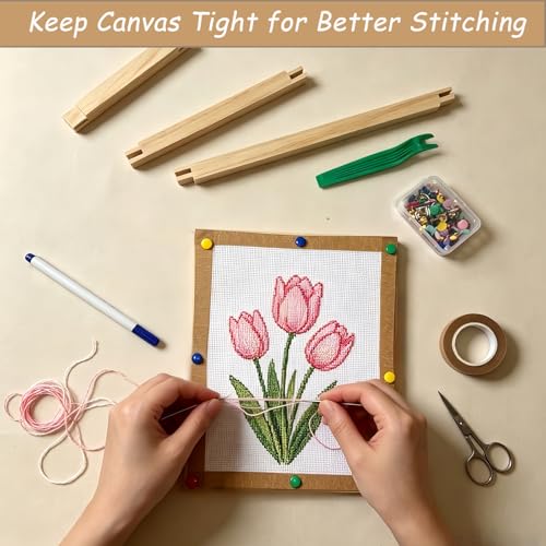 16 pcs Needlepoint Stretcher Bars Set, Wooden Stretcher Bars for Needlework Embroidery Stitch Frame Set for Crafts Art Cross Stitch Supplies with Thumb Tacks,Tacks Remover,Masking Tape,Maker