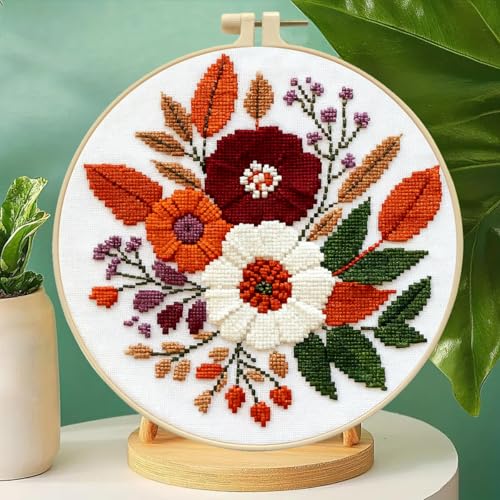 Zhenqing Floral Bouquet Cross Stitch Kit for Beginners - Complete Set with Pre-Printed 11CT 24x24cm Fabric, Hoop & Threads (68993) - color: 68993