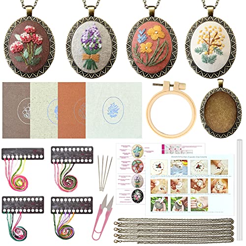 ZOCONE 4 Packs Embroidery Necklace Kits, Embroidery Pendant Kit Mini Cross Stitch Kit with 4 Hoops, Necklace, Pendant, Stamped Pattern Cloth, Instructions, etc., Embroidery Kits for Adults - color: 4 Packs-B