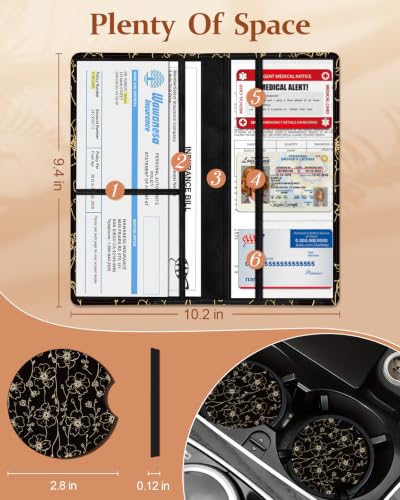 Slohif Car Registration and Insurance Holder with 2 Car Coasters, Elegant - color: Black Floral