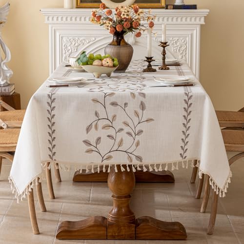 Joyfol Day Rectangle Linen Tablecloth, Heavy Duty Waterproof Tablecloths, Farmhouse Embroidery Leaves Table Cloth with Tassels, Soft Wrinkle Free Table Cover, Coffee Vines, 55''x 70'' - color: Coffee Vines, size: 70" x 55" (Rectangular)
