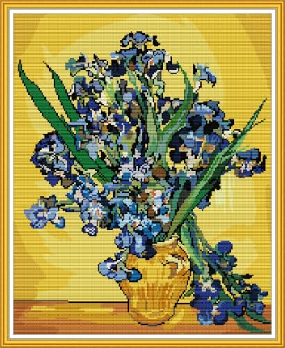 IUHUI 14 Count Stamped Cross Stitch Kits for Beginners Adults, Still Life Iris of Van Gogh Pre-Printed DIY 14ct Embroidery Sewing Starter Kit Needlework Easy Patterns Famous Paintings - color: Still Life Iris