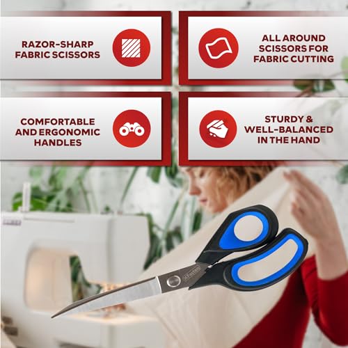 XFasten Sewing Scissors for Fabric Cutting Blue 9.5 Inch Professional Fabric Scissors Sewing | Heavy duty and Large - color: Blue