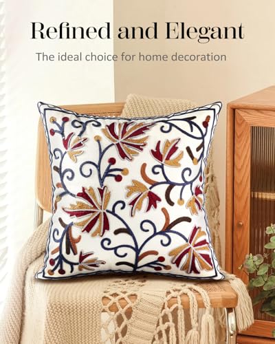 Embroidered Throw Pillow Cover, 18x18 Inch, Fall Floral - color: Fall Flower, size: 18" x 18" (Pack of 1)