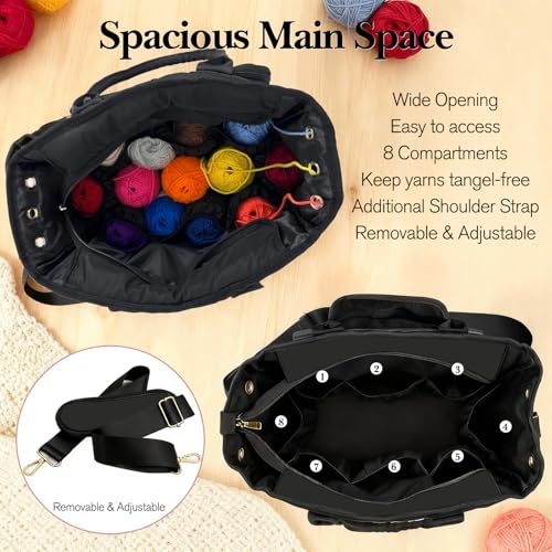VERONLY Crochet Bag Yarn Storage, Large Knitting Tote with Padded Crochet Hook Organizer, Tote with Multiple Compartments for Crochet Lovers, Knitting Accessories, Unique Valentines Gifts for Her - color: Black02