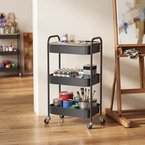 DTK 3 Tier Rolling Cart with Wheels, Heavy Duty Metal Utility Cart, Mobile Storage Organizer with Lockable Casters, Multi-Purpose Rolling Cart for Nursery, Bathroom, Kitchen, Office, Classroom - color: Matte Black, size: Large