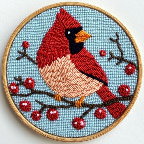 DIY Punch Needle Kits Red Cardinal on Red Berry Tree with Hoop 20x20cm-3 - color: 05-Red Cardinal