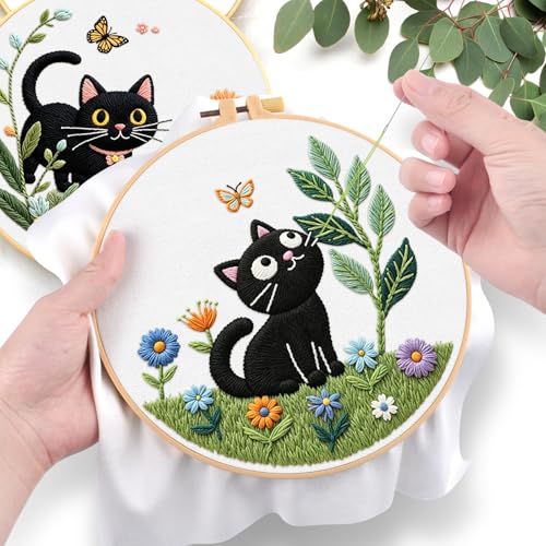 ERKOON Embroidery Kit for Beginners, 2 Set Flower Cross Stitch Set Include Embroidery Cloth Hoops Threads for Craft Lover Hand Stitch with Embroidery Skill Techniques (Cat) - color: Cat