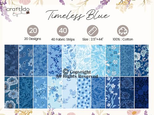 Craftido-20 Options-100% Cotton Jelly Roll Fabric Precut Strips for Quilting, Crafting, and Sewing, 40 Strips 2.5" x 44" Assorted Bundles for Rug, Quilt Project, DIY Craft and Home Decor-Timeless Blue - color: Timeless Blue