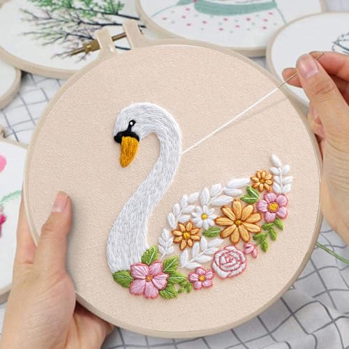 Louise Maelys Swan Floral Embroidery Kit for Beginners DIY Gift Set - color: Swan Flower