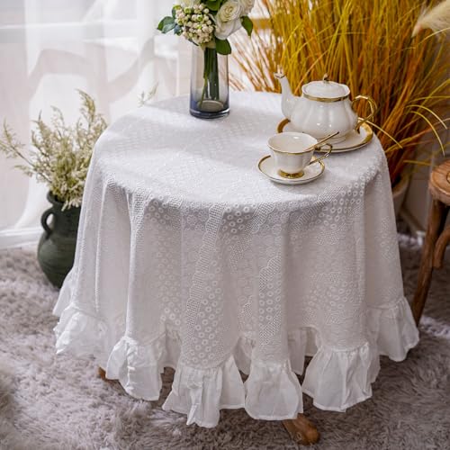 RTMAGIC Ruffle Cotton Tablecloth Circle White Embroidered Table Cloths - size: 43" (Round)