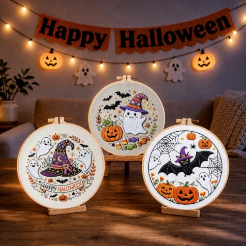 Halloween Embroidery Kit for Beginners with Pumpkin Ghost Patterns&Guide - color: Halloween