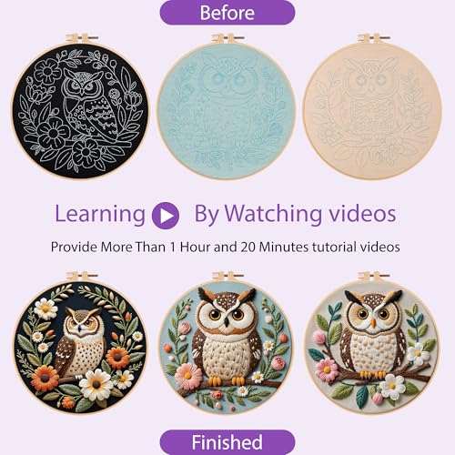 Uniartfy 3 Sets Embroidery Kit for Beginners with Owl Flower Pattern, Hand Needlepoint Kits for Adults, Embroidery Starter Kits with Hoops, Step by Step Video & Instructions, DIY Cross Stitch Kit - color: Embroidery Kit-H