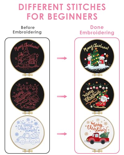 TINDTOP Christmas Embroidery Kit for Adult Beginners, 3 Sets Embroidery Stitch Practice kit Include Embroidery Cloth Hoops Threads for Craft Lover Hand Stitch - color: Christmas