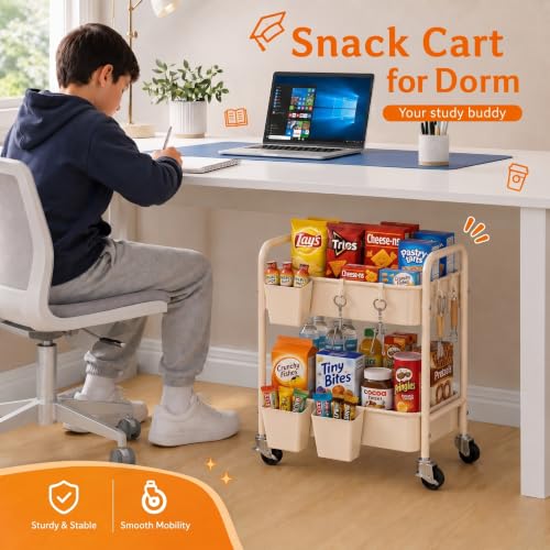 2 Tier Small Rolling Cart Metal with Wheels, 22 Inch Beige Under Desk Carts - color: Gentle‌ Beige, size: 2 Tier + Cups + Hooks